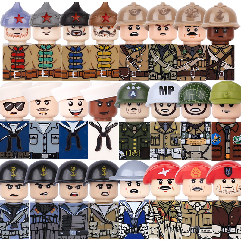 Lego Minifigure Holder - ของเล่นเด็ก ตัวต่อทหารสงครามโลกครั้งที่ 2 ทหารสหรัฐฯ นาวิกโยธิบัตรฝรั่งเศส กองทัพอากาศสหราชอาณาจักร