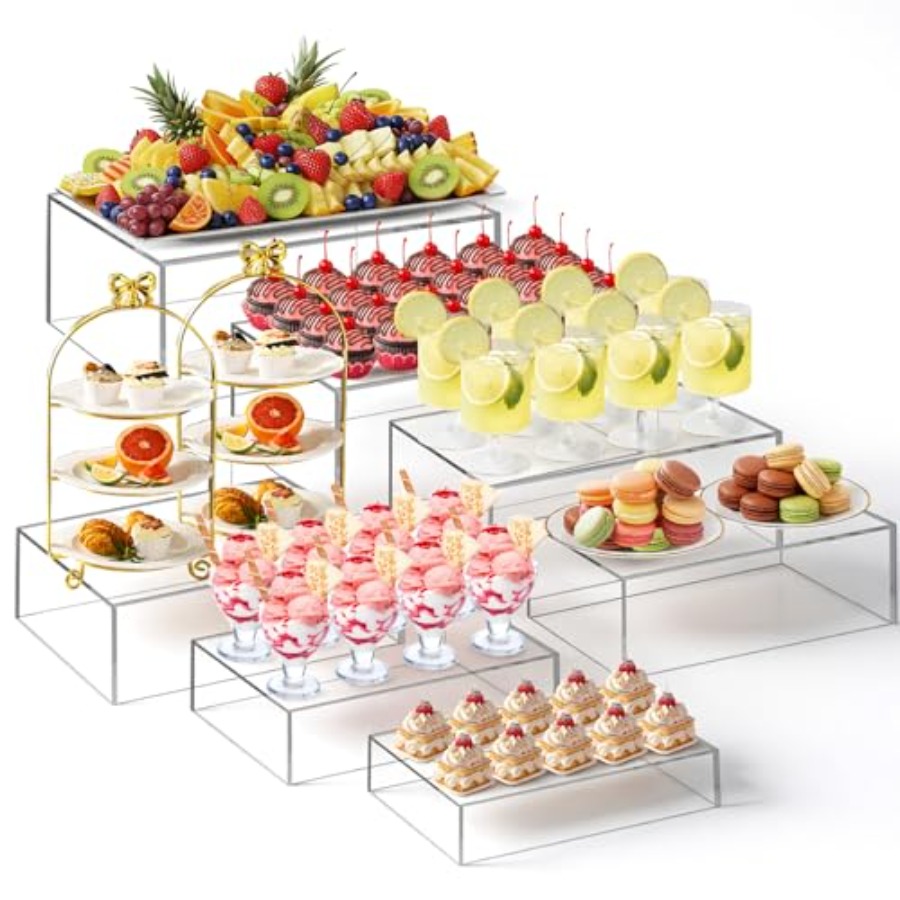 Display Risers Set - ชุดแท่นวางบุฟเฟ่ต์ขนาดใหญ่พิเศษ 7 ชิ้น พร้อมกล่องอะคริลิคสำหรับจัดเลี้ยง โต๊ะของหวาน แท่นวางโชว์อาหาร